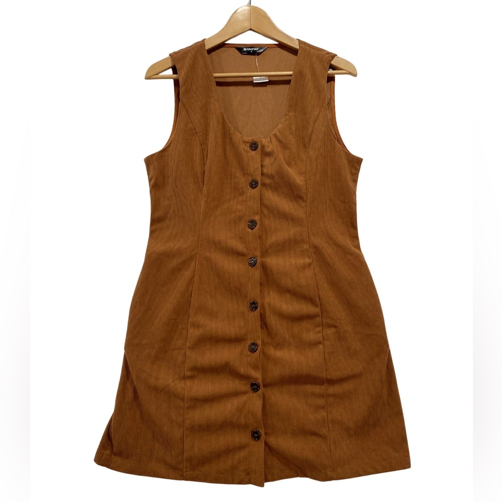 NWT Brown Velvet Ribbed Sleeveless Dress Button Up by Allegra K Size M